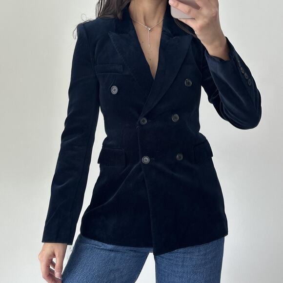 ZARA Blazer Womens XS Navy Blue Velvet Double Breasted Elegant Old Money Career - Picture 1 of 14